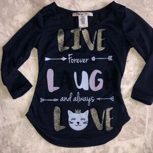NWOT navy shirt sparkly glitter live forever laugh and always love girls size 4